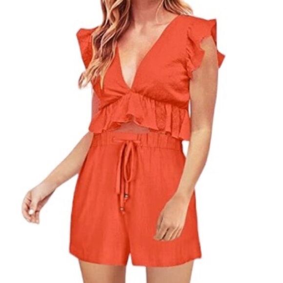 FANCYINN Women’s Deep V-Neck Ruffle Feminine Crop Top Size XL New With Tags - Picture 1 of 9